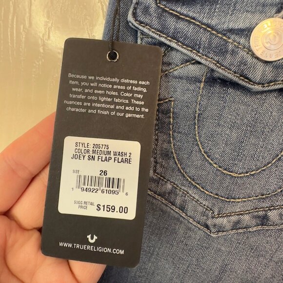 NWT True Religion Joey Flare Jeans Size 26 Medium Wash Flap Pockets Twist Hem - Picture 4 of 12